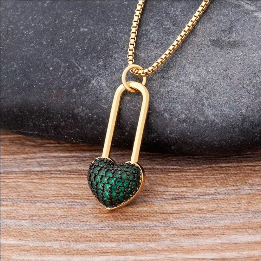 COPY - Gold heart pendant with pave green crystals on a 18” chain